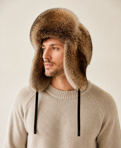 Unisex Genuine Raccoon Fur Earflap Trapper Hat – Default on-model lifestyle image