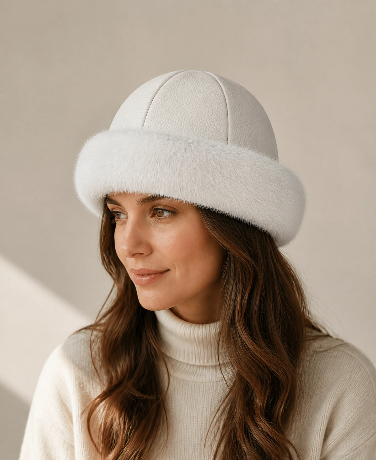 Women's Top-Grain Leather & Rabbit Fur Round Winter Hat – Color: Ivory White on-model lifestyle image