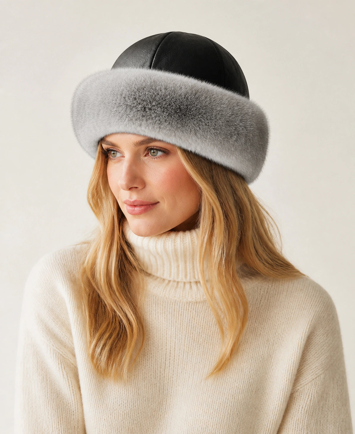 Women's Top-Grain Leather & Rabbit Fur Round Winter Hat – Color: Silver Gray on-model lifestyle image