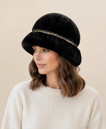 Women's Genuine Mink Fur Bucket Hat with Chain Trim – Color: Natural Black on-model lifestyle image