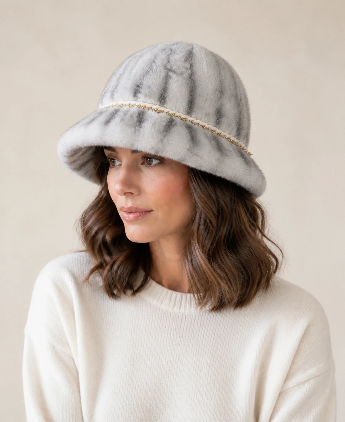 Women's Genuine Mink Fur Bucket Hat with Chain Trim – Color: Silver Cross on-model lifestyle image