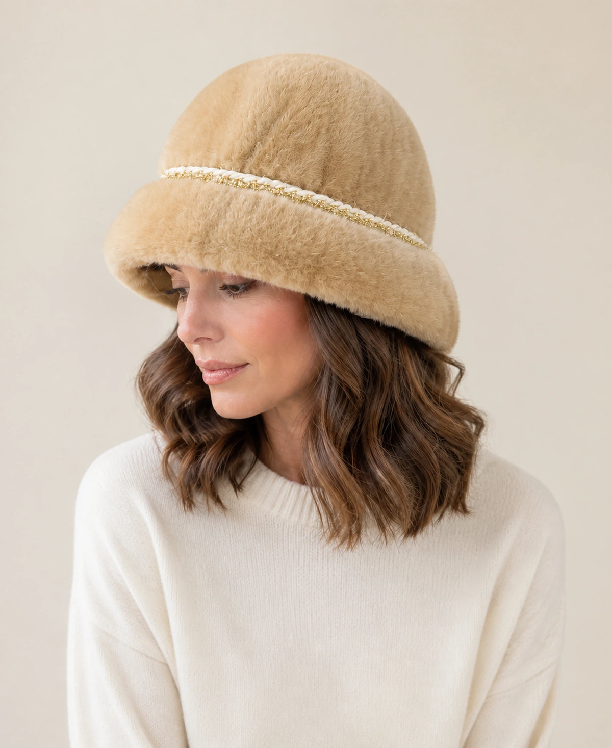 Women's Genuine Mink Fur Bucket Hat with Chain Trim – Color: Warm Beige on-model lifestyle image