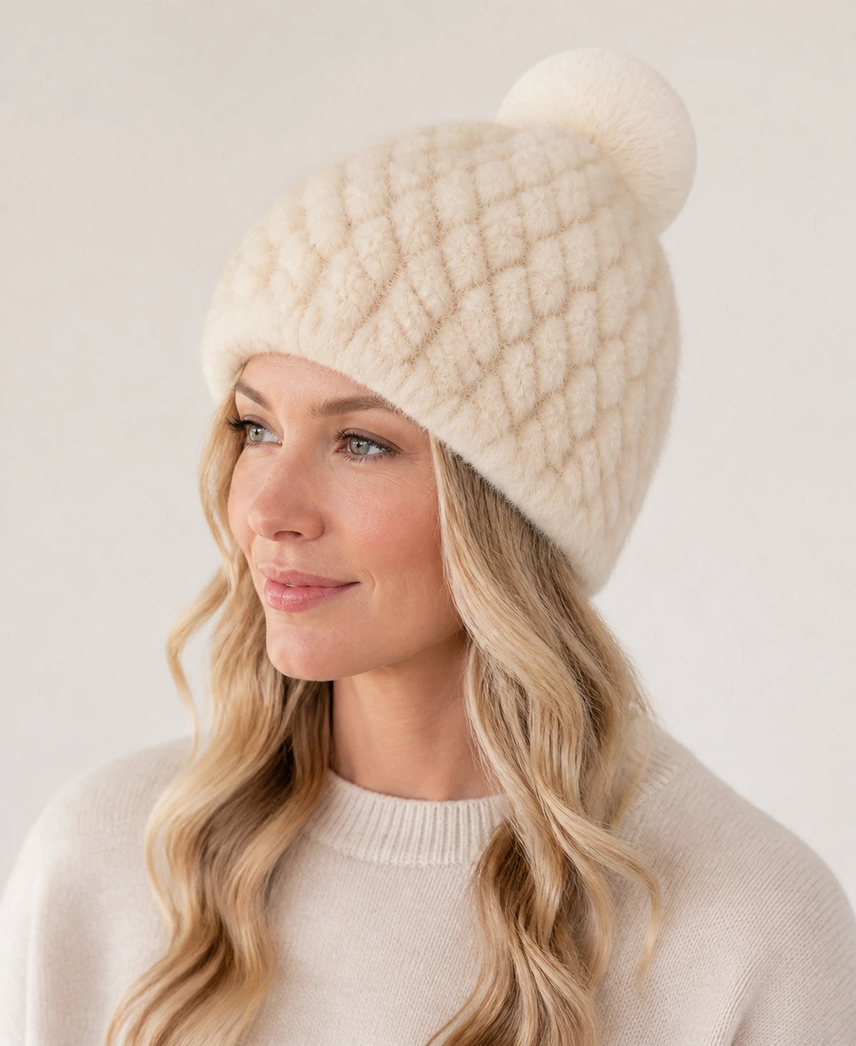 Women's Genuine Mink Fur Knitted Hat & Mittens Set – Color: Ivory | Style: Hat on-model lifestyle image