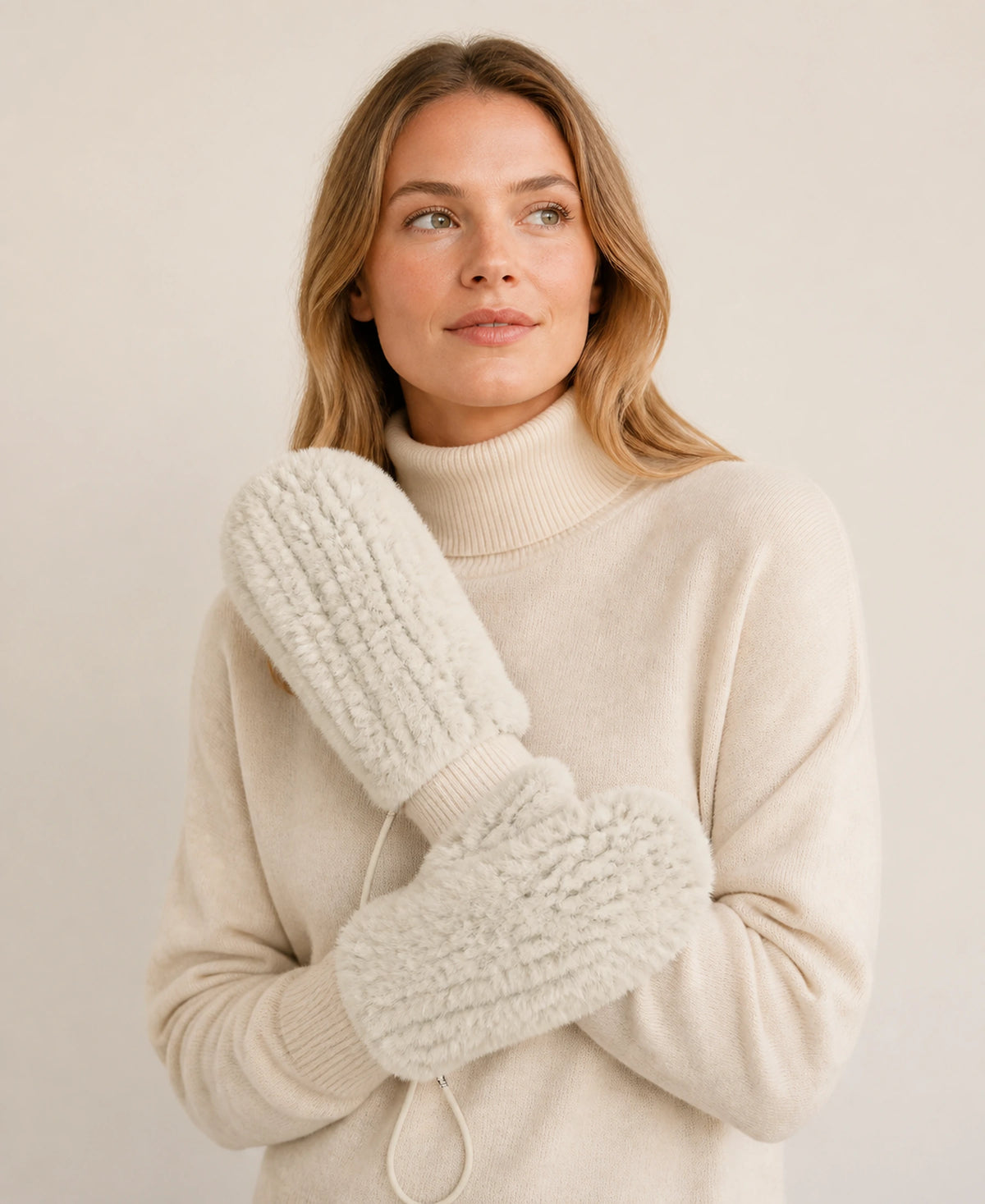 Women's Genuine Mink Fur Knitted Hat & Mittens Set – Color: Ivory | Style: Mittens on-model lifestyle image