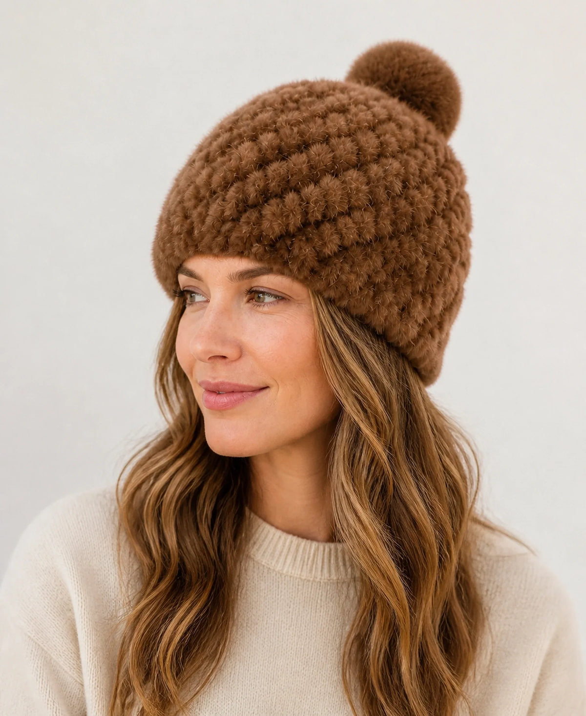 Women's Genuine Mink Fur Knitted Hat & Mittens Set – Color: Warm Brown | Style: Hat on-model lifestyle image