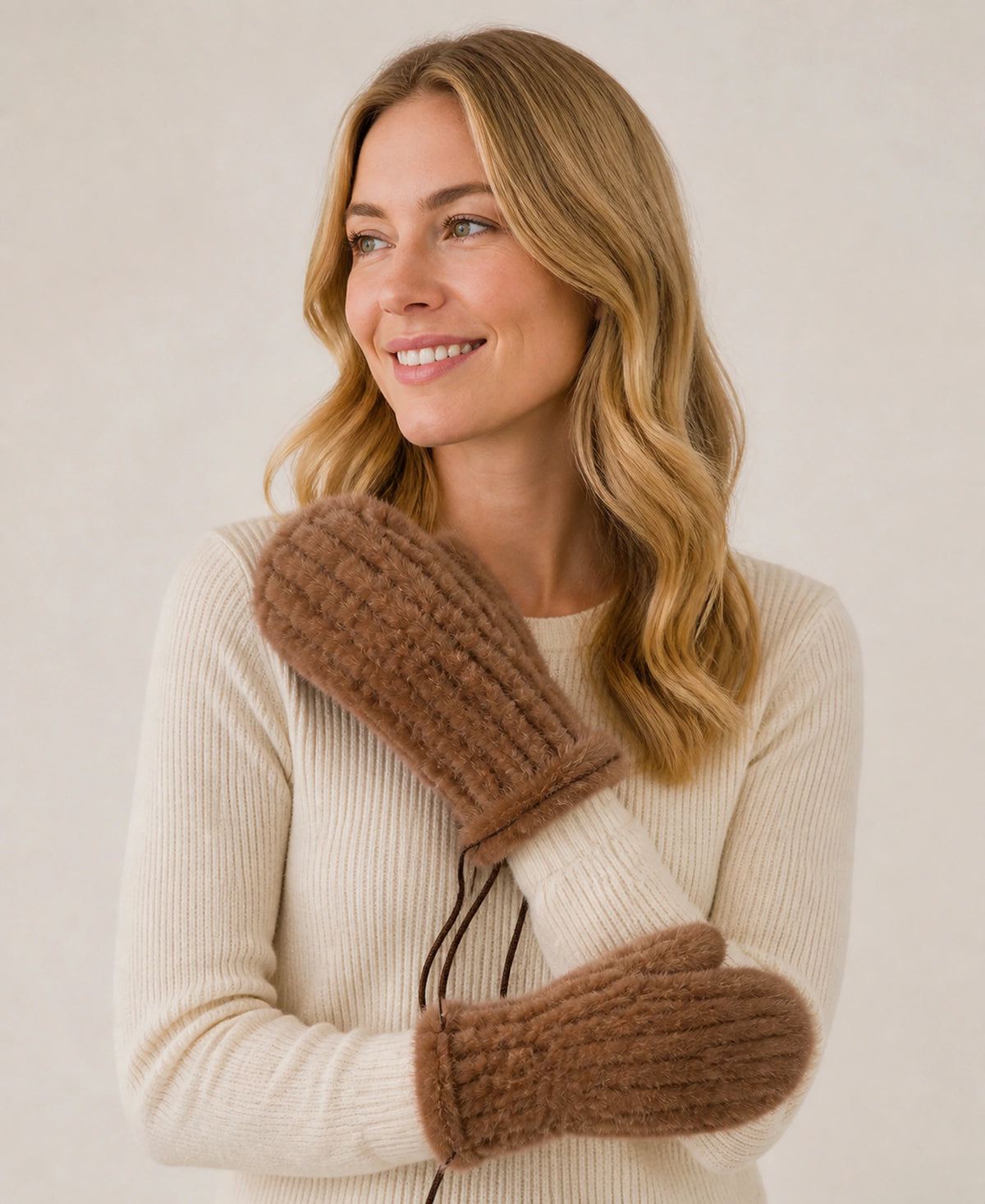 Women's Genuine Mink Fur Knitted Hat & Mittens Set – Color: Warm Brown | Style: Hat & Mittens Set on-model lifestyle image