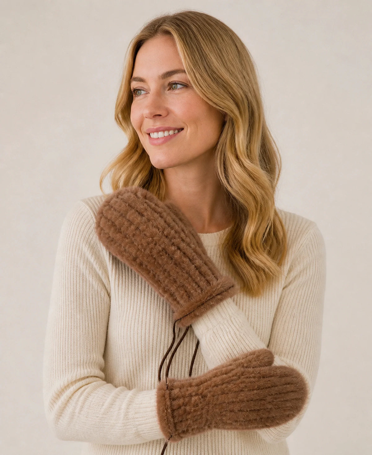 Women's Genuine Mink Fur Knitted Hat & Mittens Set – Color: Warm Brown | Style: Hat & Mittens Set on-model lifestyle image