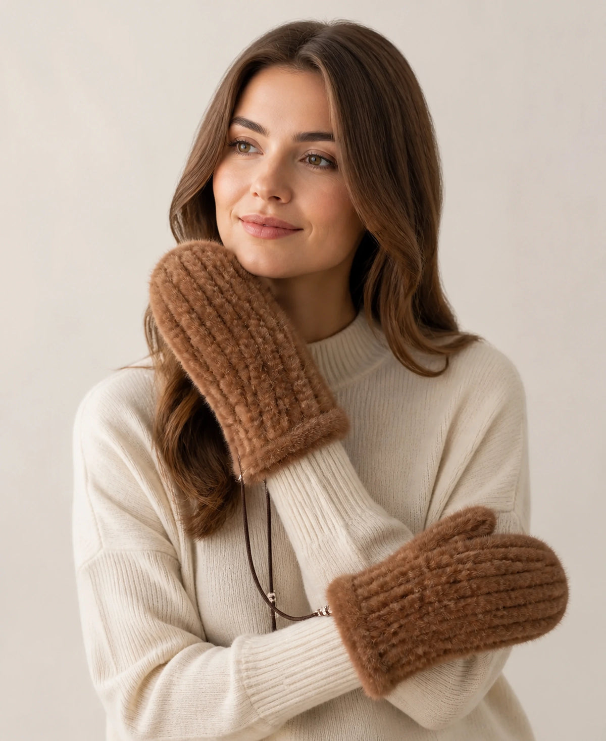 Women's Genuine Mink Fur Knitted Hat & Mittens Set – Color: Warm Brown | Style: Mittens on-model lifestyle image