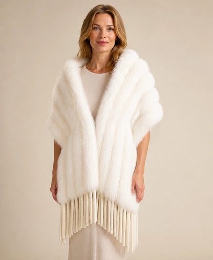 Women's Genuine Fox Fur Fringed Evening Shawl – Color: Ivory Beige on-model lifestyle image