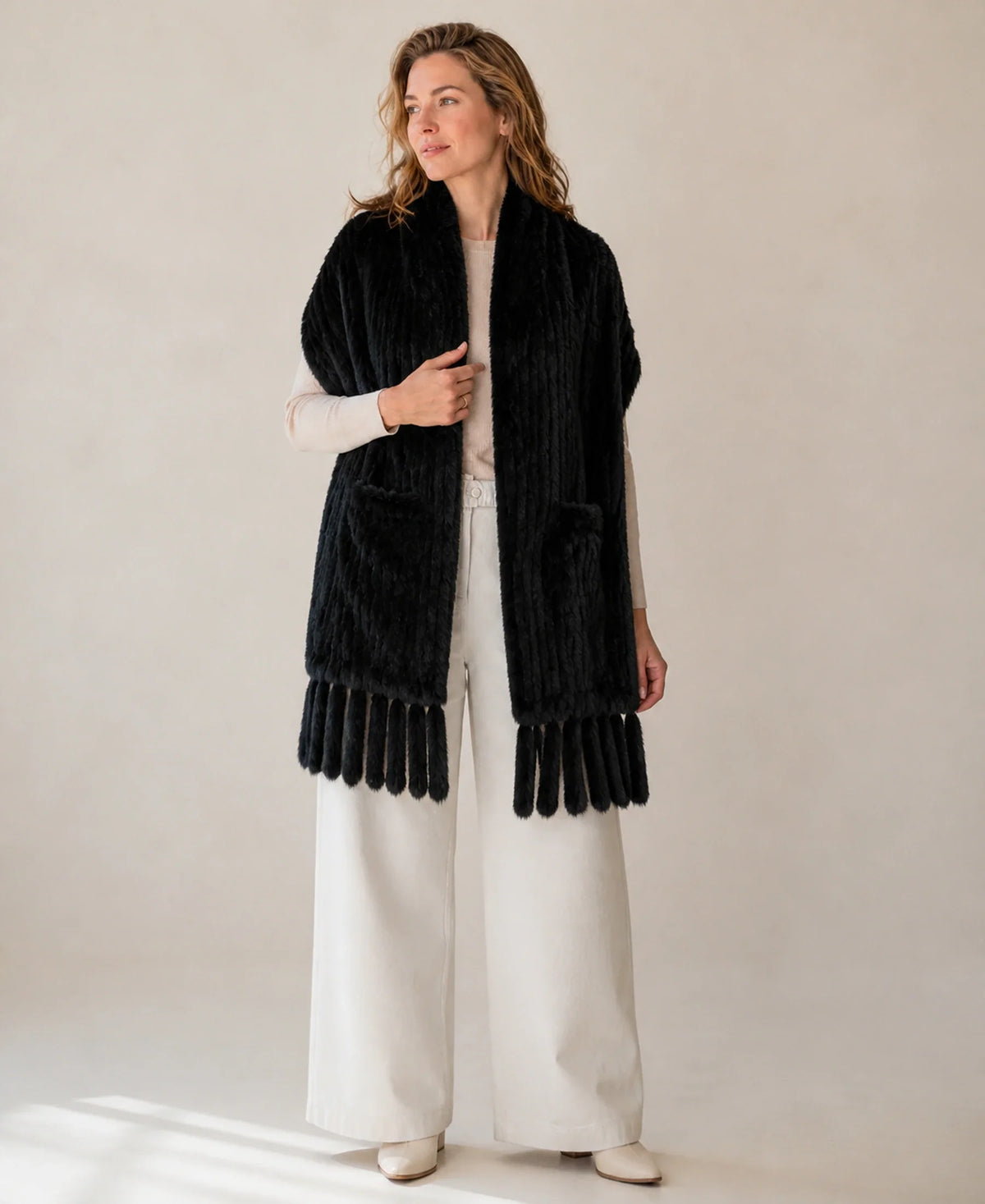 Women's Genuine Rabbit Fur Double-Sided Pocket Shawl – Color: Black on-model lifestyle image