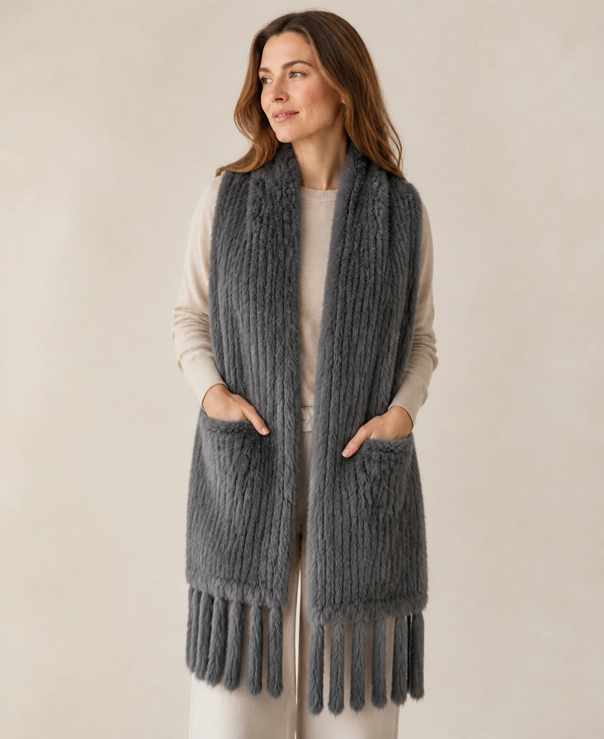 Women's Genuine Rabbit Fur Double-Sided Pocket Shawl – Color: Charcoal Gray on-model lifestyle image