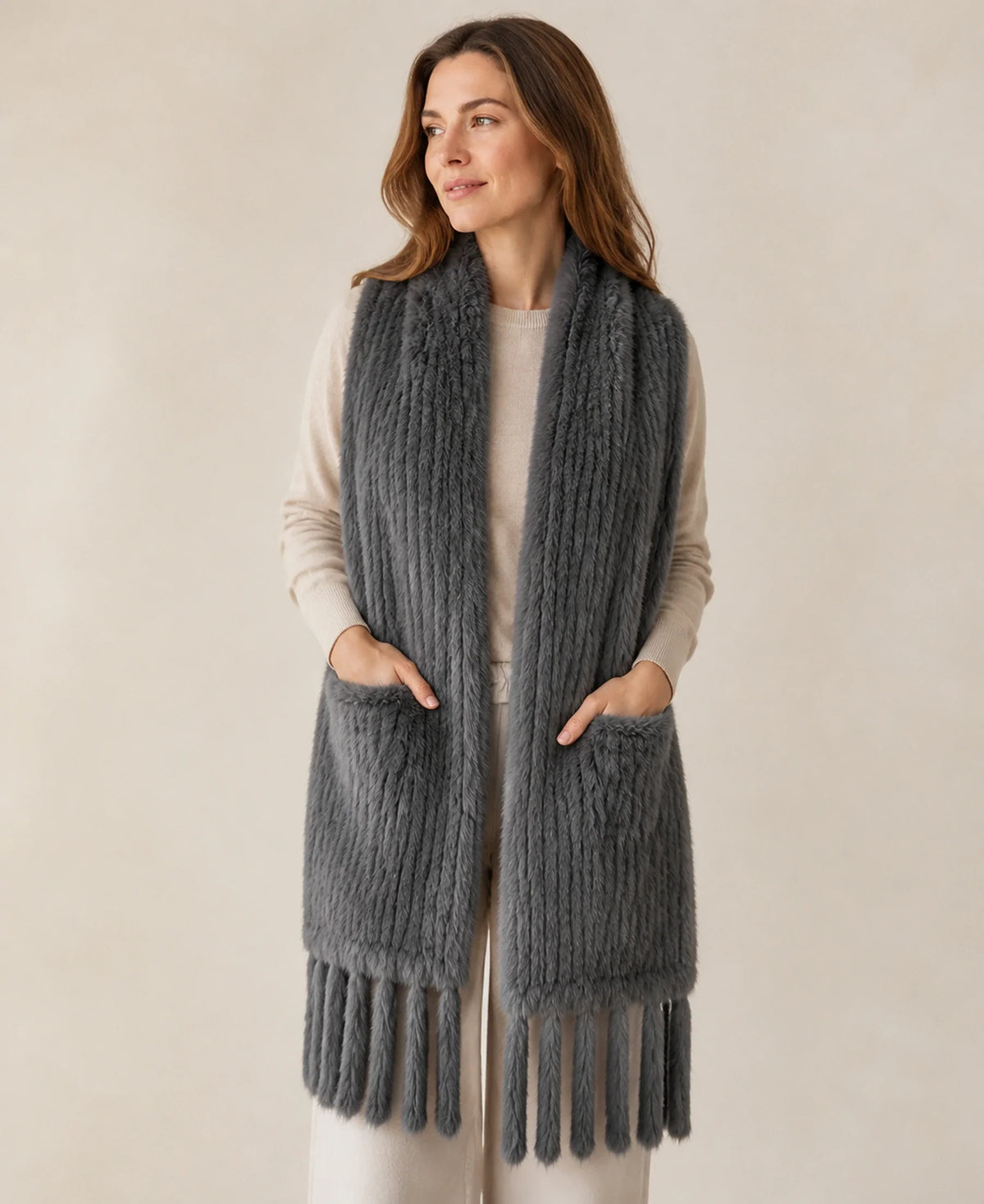 Women's Genuine Rabbit Fur Double-Sided Pocket Shawl – Color: Charcoal Gray on-model lifestyle image