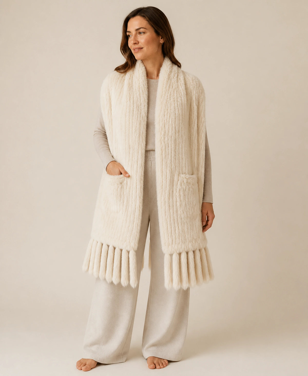Women's Genuine Rabbit Fur Double-Sided Pocket Shawl – Color: Ivory Beige on-model lifestyle image