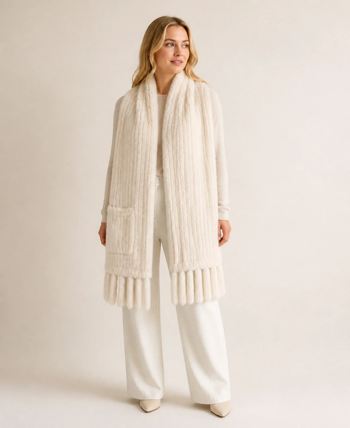 Women's Genuine Rabbit Fur Double-Sided Pocket Shawl – Color: Taupe on-model lifestyle image