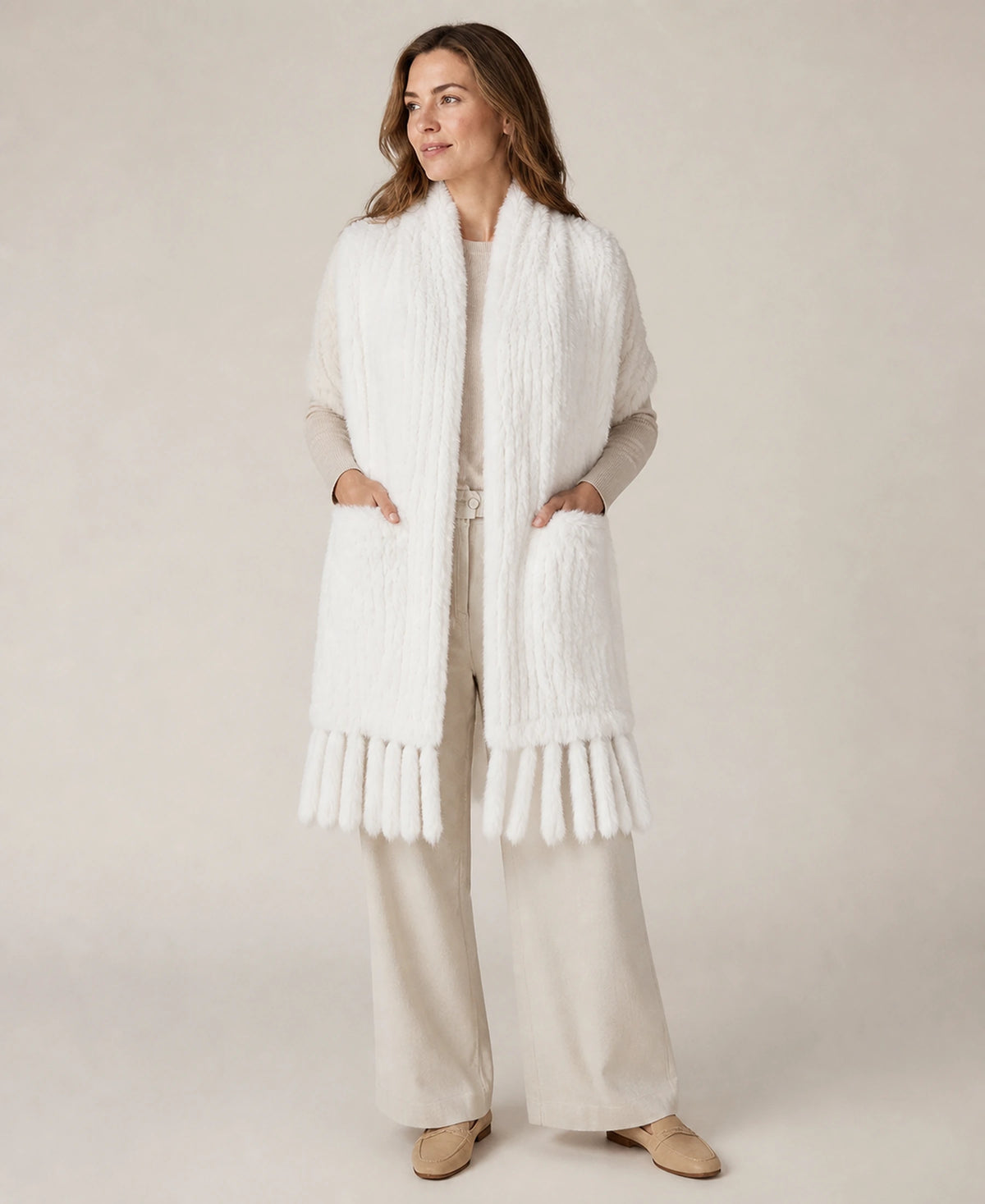 Women's Genuine Rabbit Fur Double-Sided Pocket Shawl – Color: White on-model lifestyle image