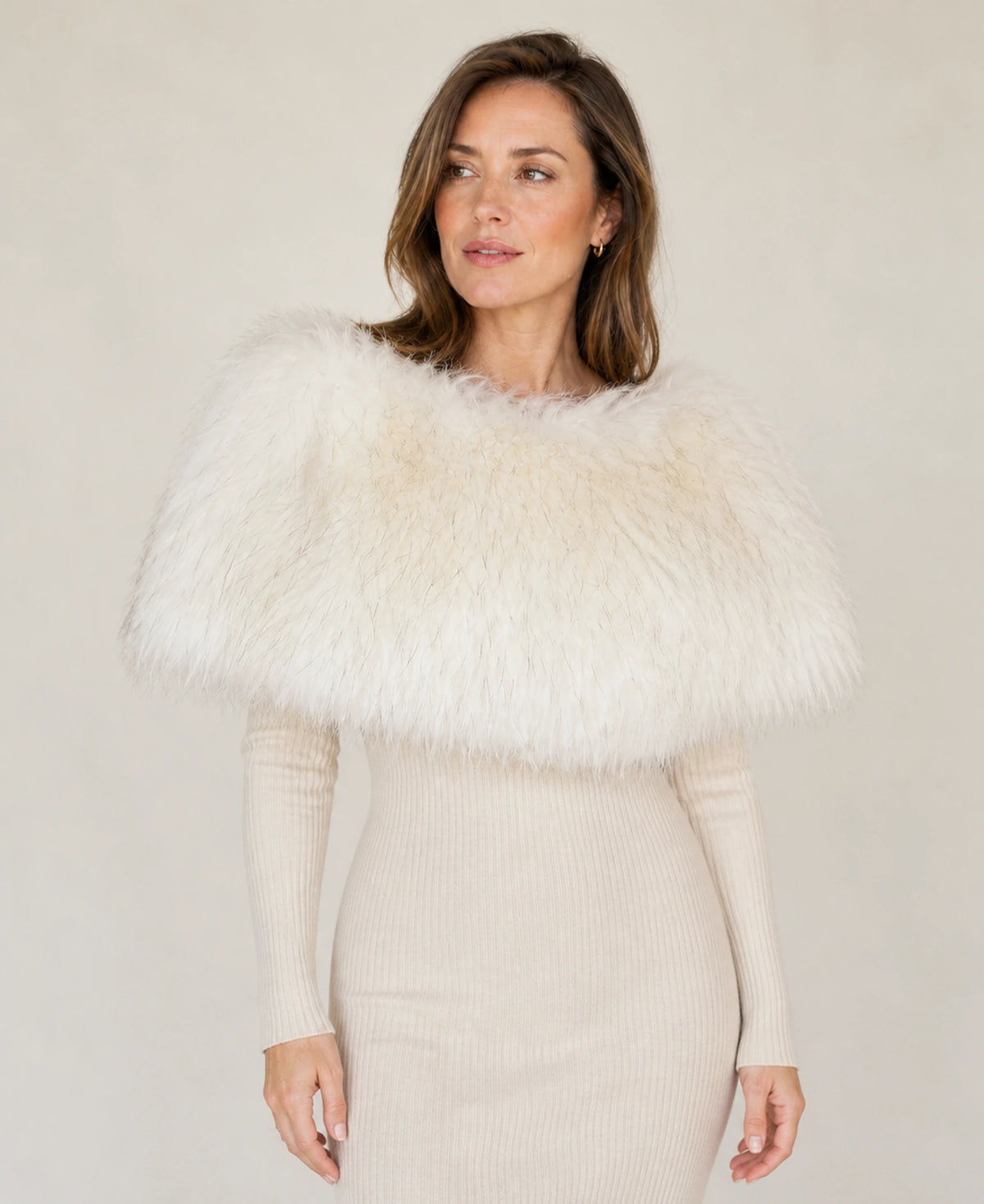 Women's Genuine Raccoon & Silver Fox Fur Shoulder Wrap – Color: Ivory White - Raccoon Fur on-model lifestyle image