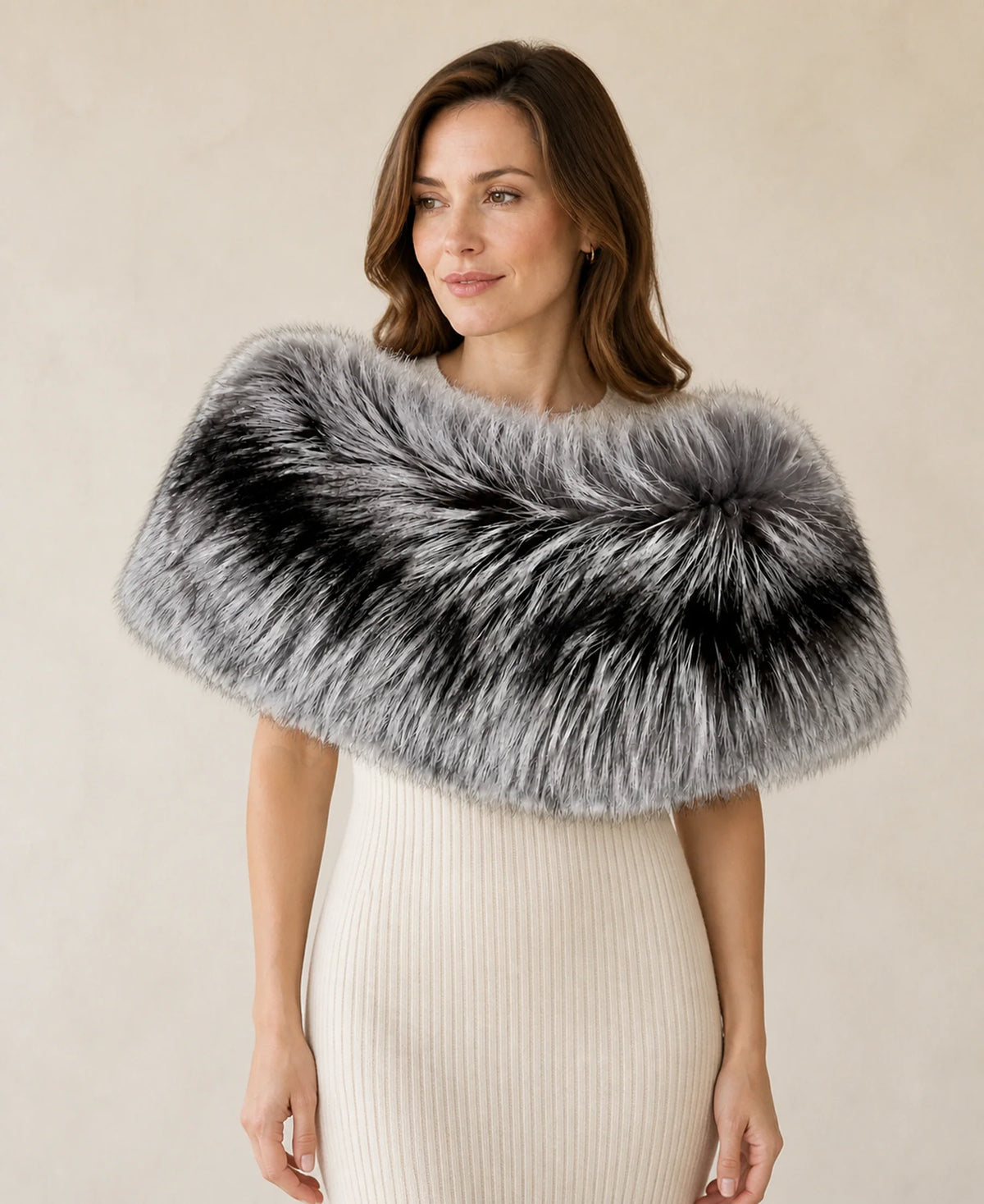 Women's Genuine Raccoon & Silver Fox Fur Shoulder Wrap – Color: Silver Black - Fox Fur on-model lifestyle image