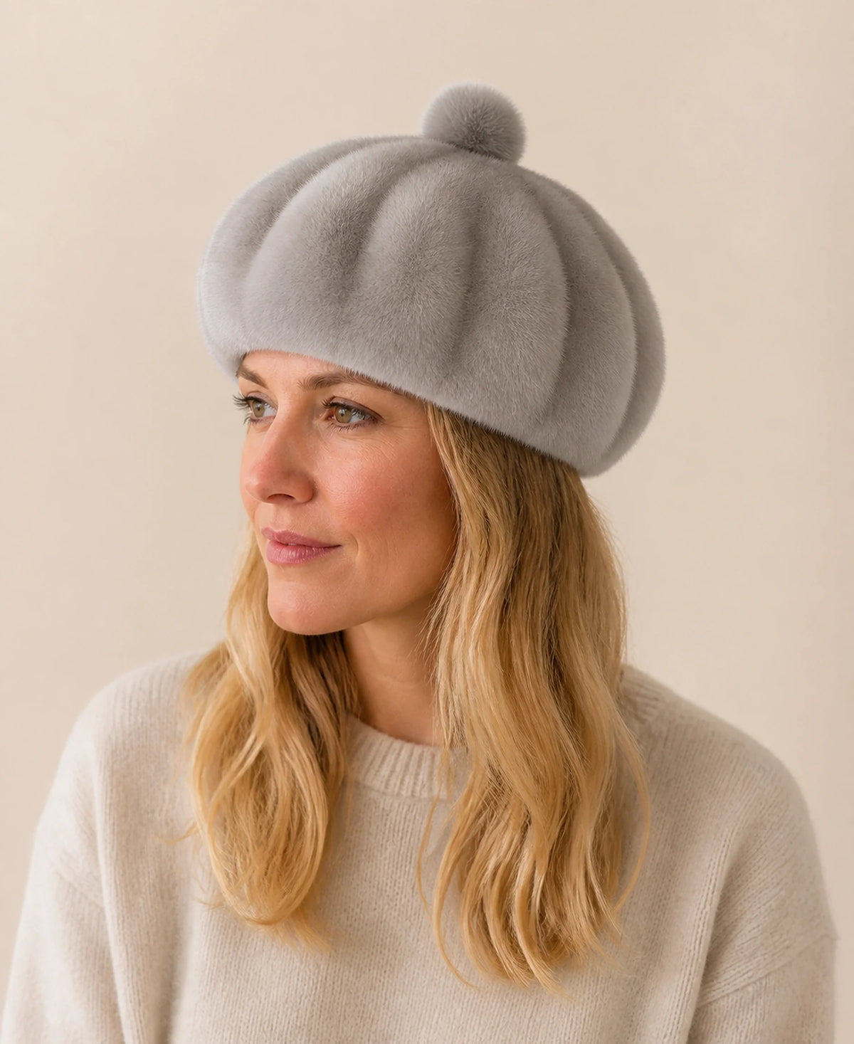 Women's Genuine Mink Fur Paneled Winter Beret Hat – Color: Dark Gray on-model lifestyle image