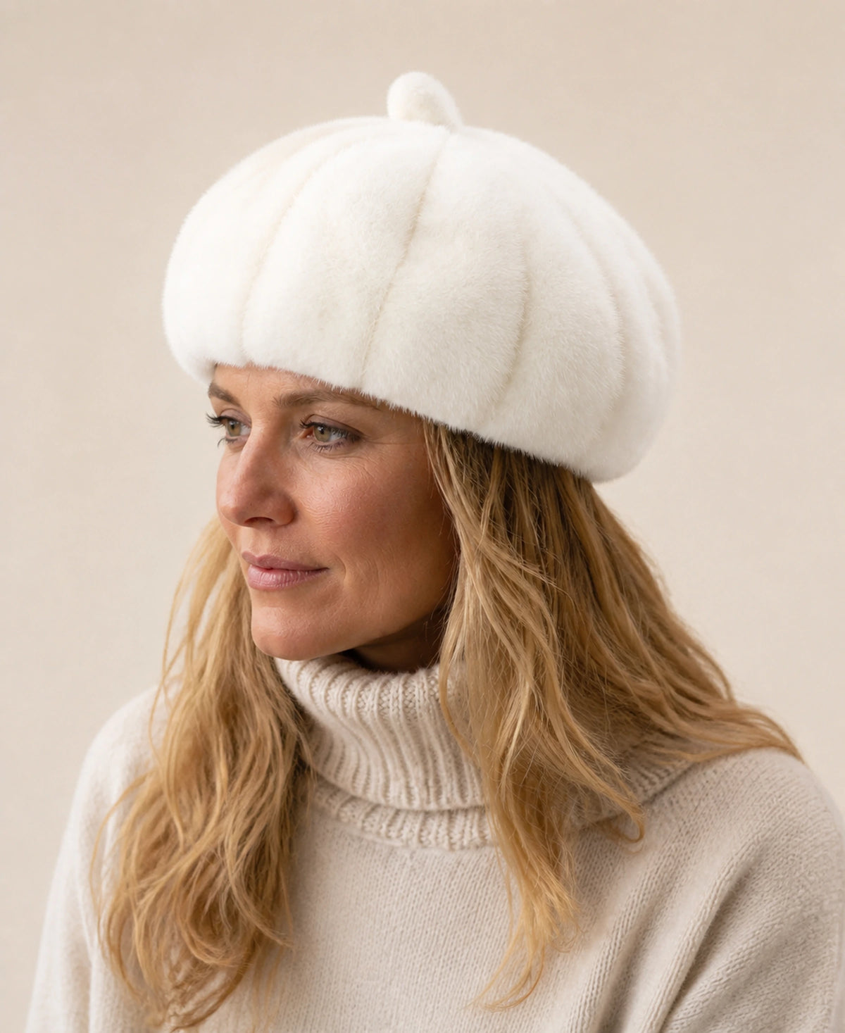 Women's Genuine Mink Fur Paneled Winter Beret Hat – Color: Ivory White on-model lifestyle image