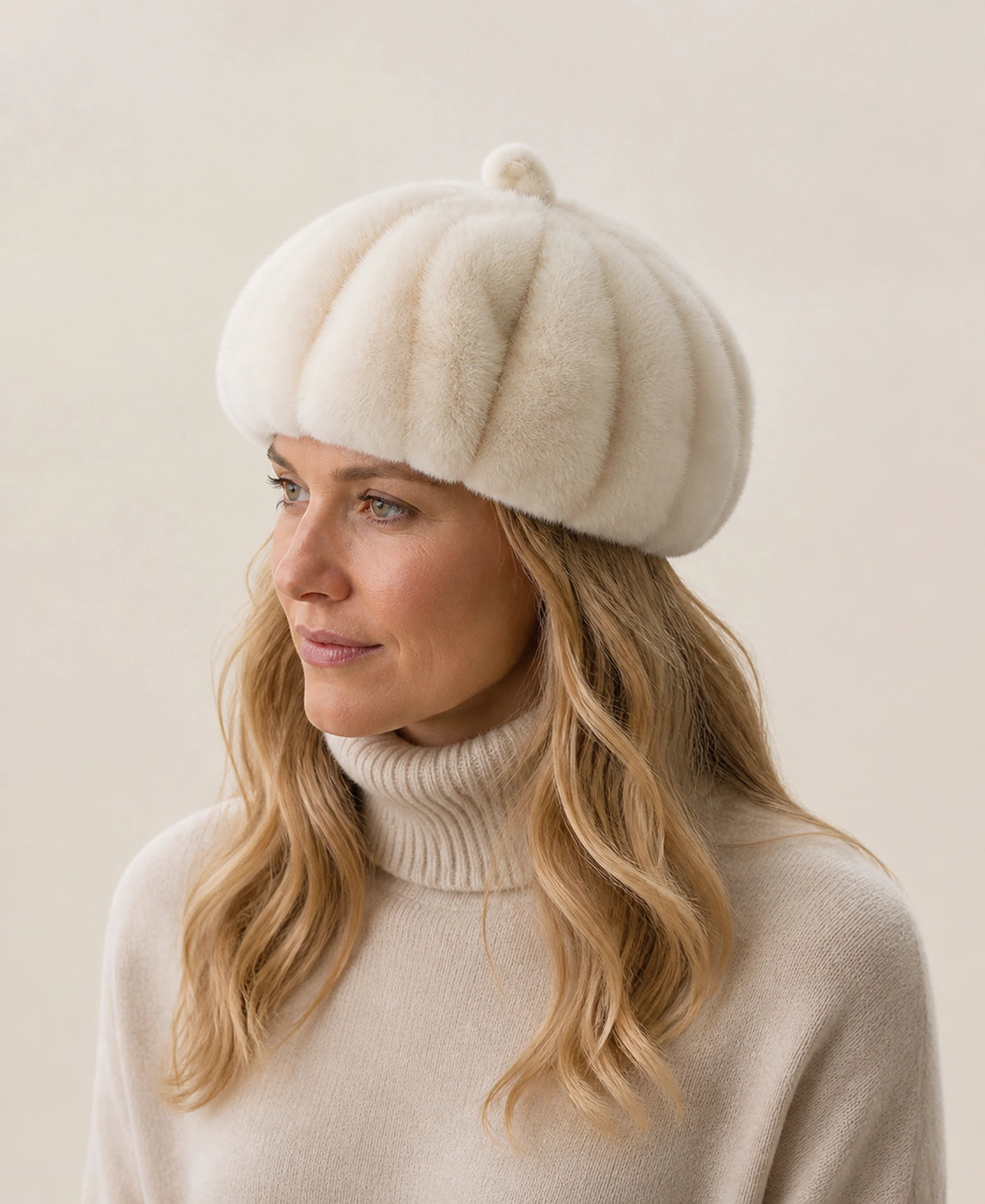 Women's Genuine Mink Fur Paneled Winter Beret Hat – Color: Pearl Beige on-model lifestyle image