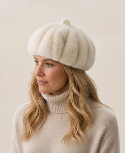 Women's Genuine Mink Fur Paneled Winter Beret Hat – Color: Pearl Beige on-model lifestyle image