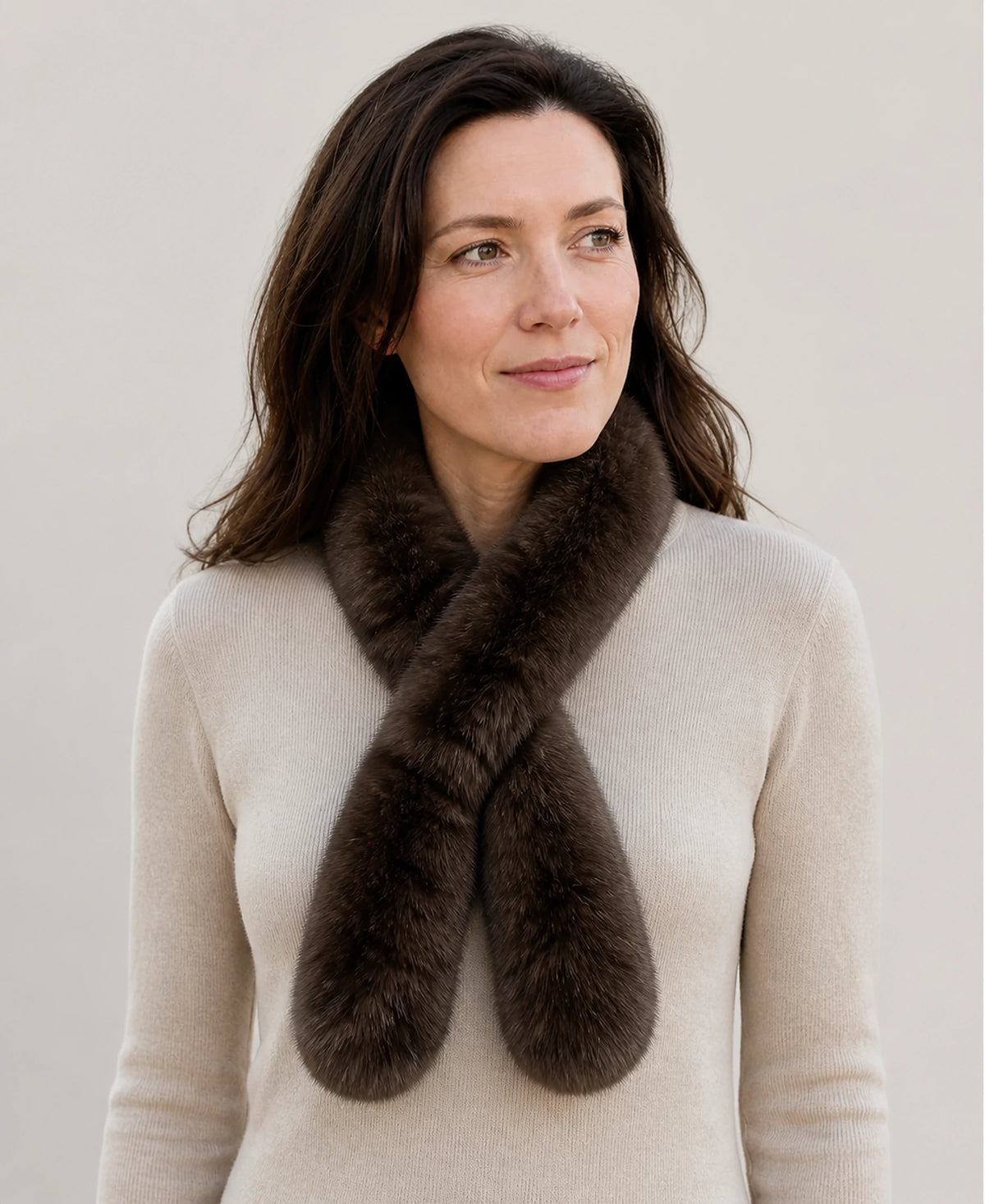 Women's Genuine Sable Fur Mini Pull-Through Scarf – Color: Dark Brown on-model lifestyle image