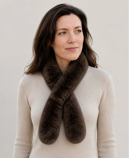 Women's Genuine Sable Fur Mini Pull-Through Scarf – Color: Dark Brown on-model lifestyle image