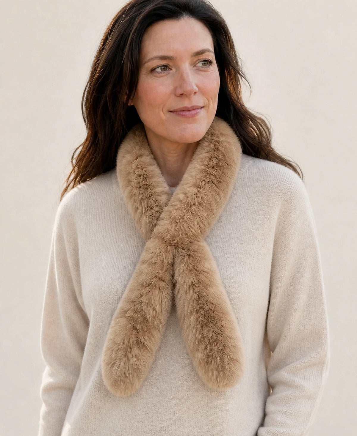 Women's Genuine Sable Fur Mini Pull-Through Scarf – Color: Light Brown on-model lifestyle image