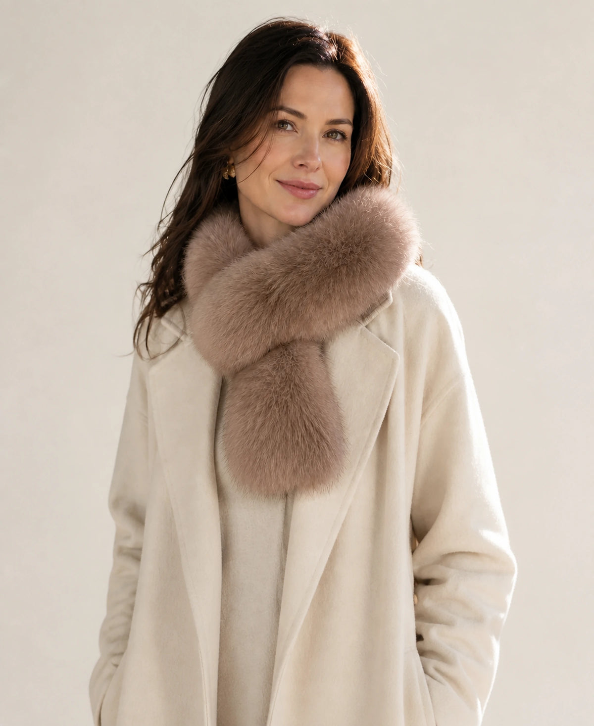 Women's Fox Fur Pull-Through Scarf for Winter – Color: Coffee Brown on-model lifestyle image