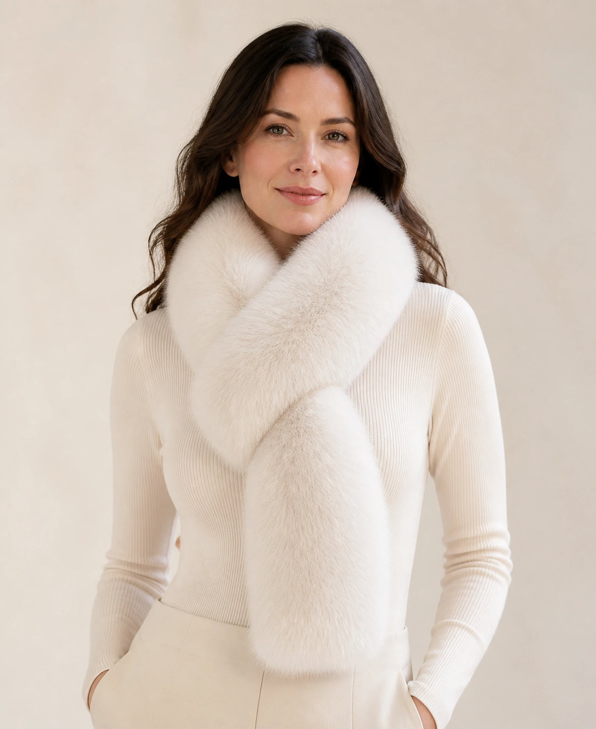 Women's Fox Fur Pull-Through Scarf for Winter – Color: Cream Ivory on-model lifestyle image
