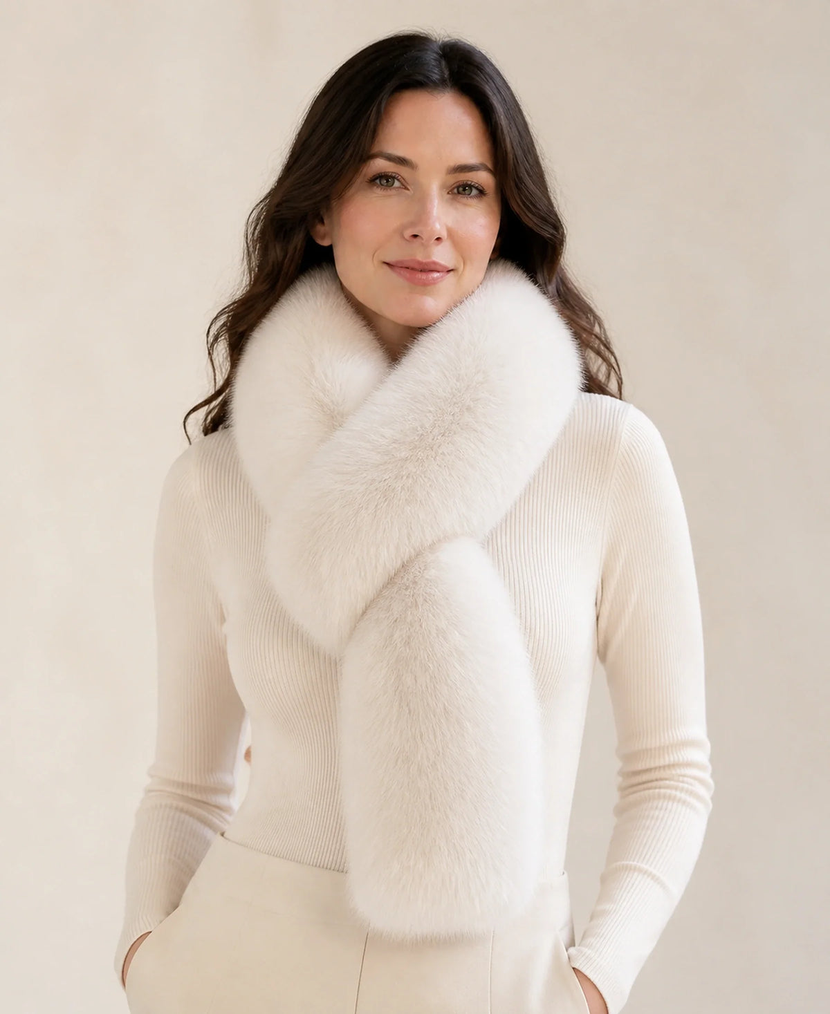 Women's Fox Fur Pull-Through Scarf for Winter – Color: Cream Ivory on-model lifestyle image