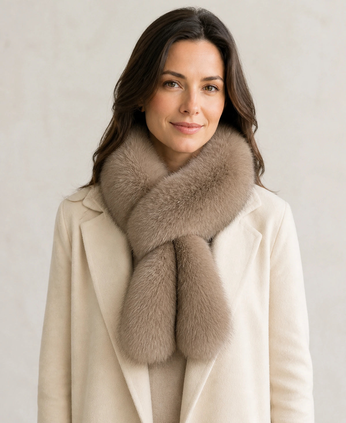 Women's Fox Fur Pull-Through Scarf for Winter – Color: Mushroom Taupe on-model lifestyle image