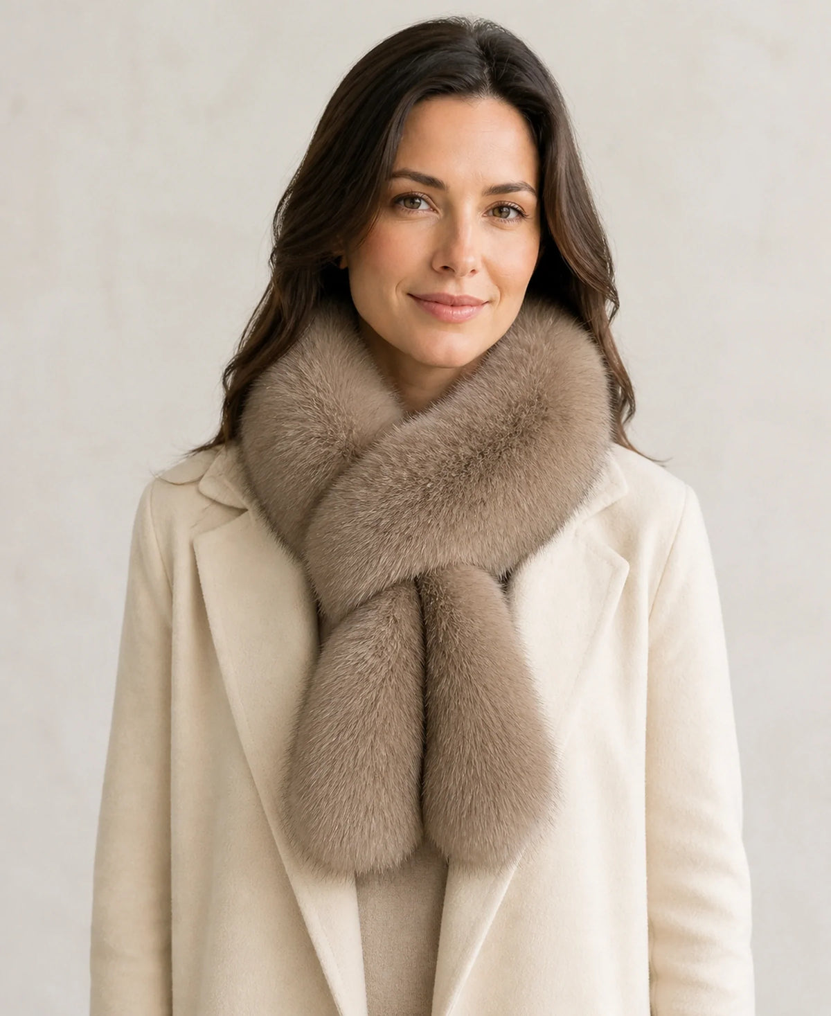 Women's Fox Fur Pull-Through Scarf for Winter – Color: Mushroom Taupe on-model lifestyle image
