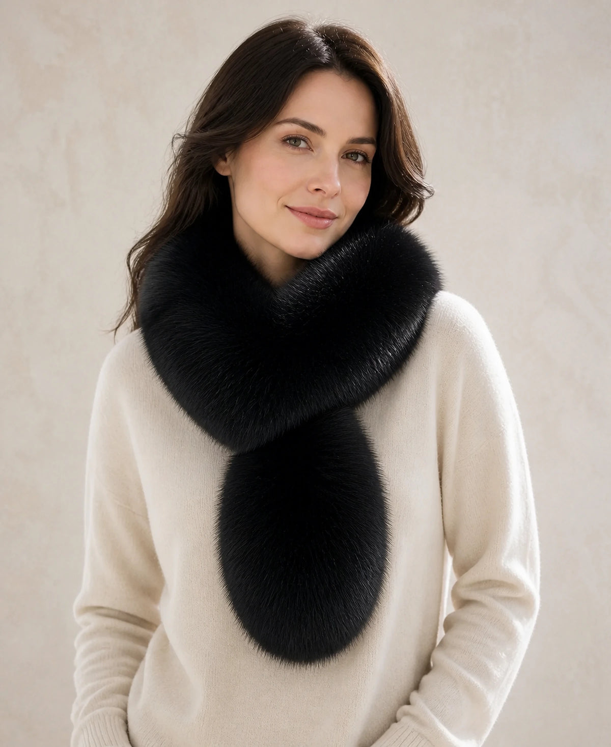 Women's Fox Fur Pull-Through Scarf for Winter – Color: Natural Black on-model lifestyle image