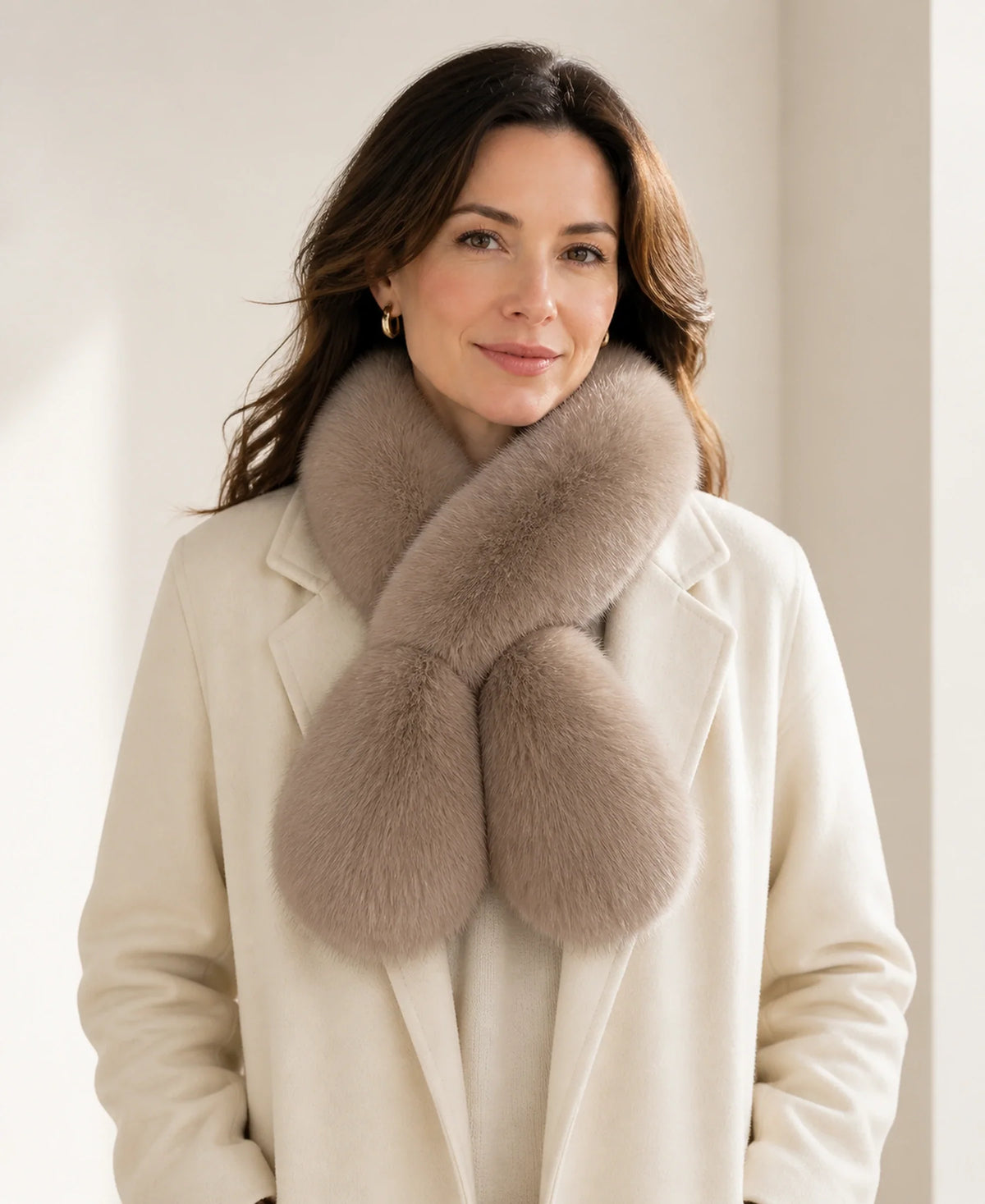 Women's Fox Fur Pull-Through Scarf for Winter – Color: Natural Blue Fox on-model lifestyle image