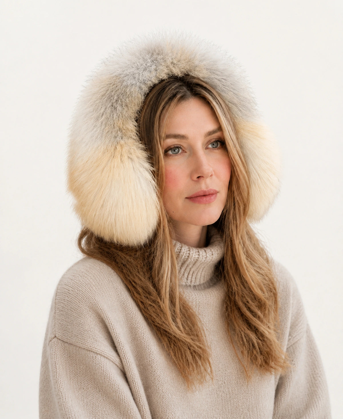 Women's Golden Island Fox Fur Winter Earmuffs – Color: Natural Golden Island Fox on-model lifestyle image