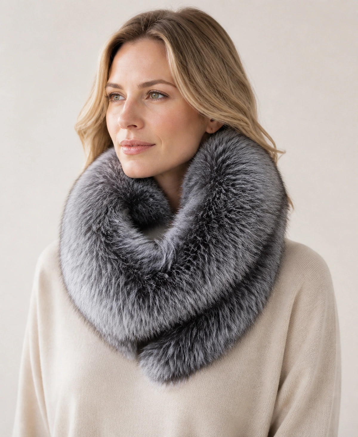 Women's Double-Sided Silver Fox Fur Collar Scarf – Color: Natural Silver Fox on-model lifestyle image