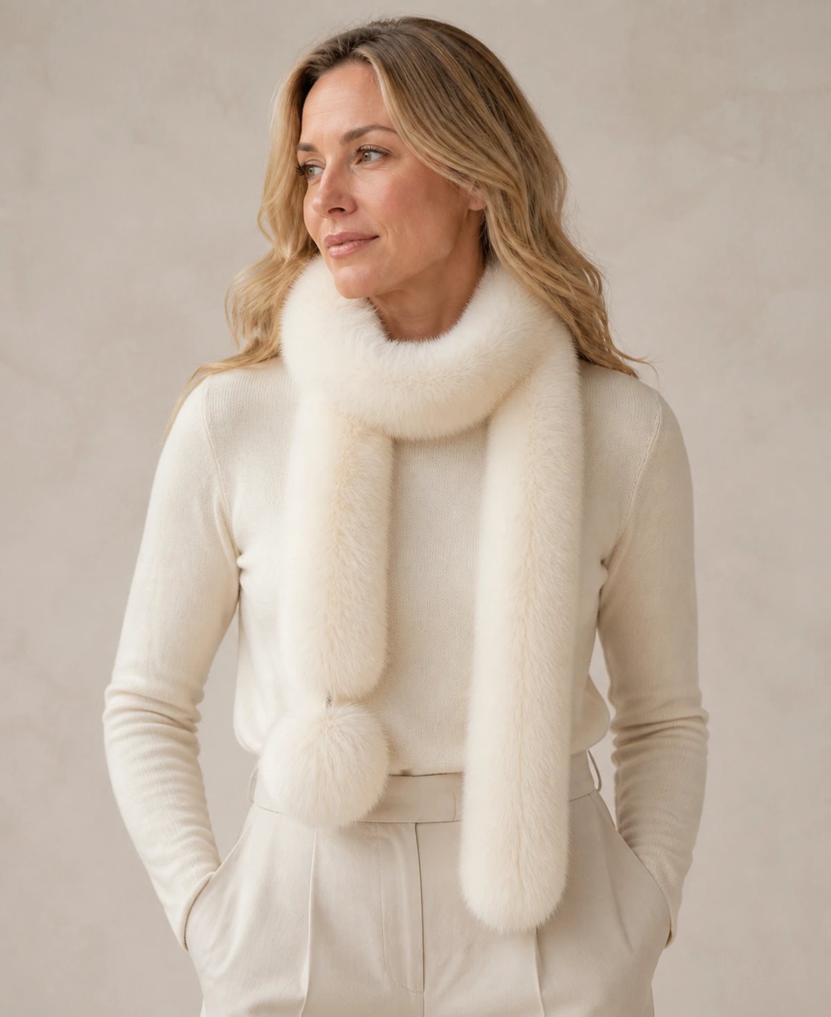 Women's Fox Fur Long Scarf with Pom-Pom Detail – Color: Apricot Beige on-model lifestyle image