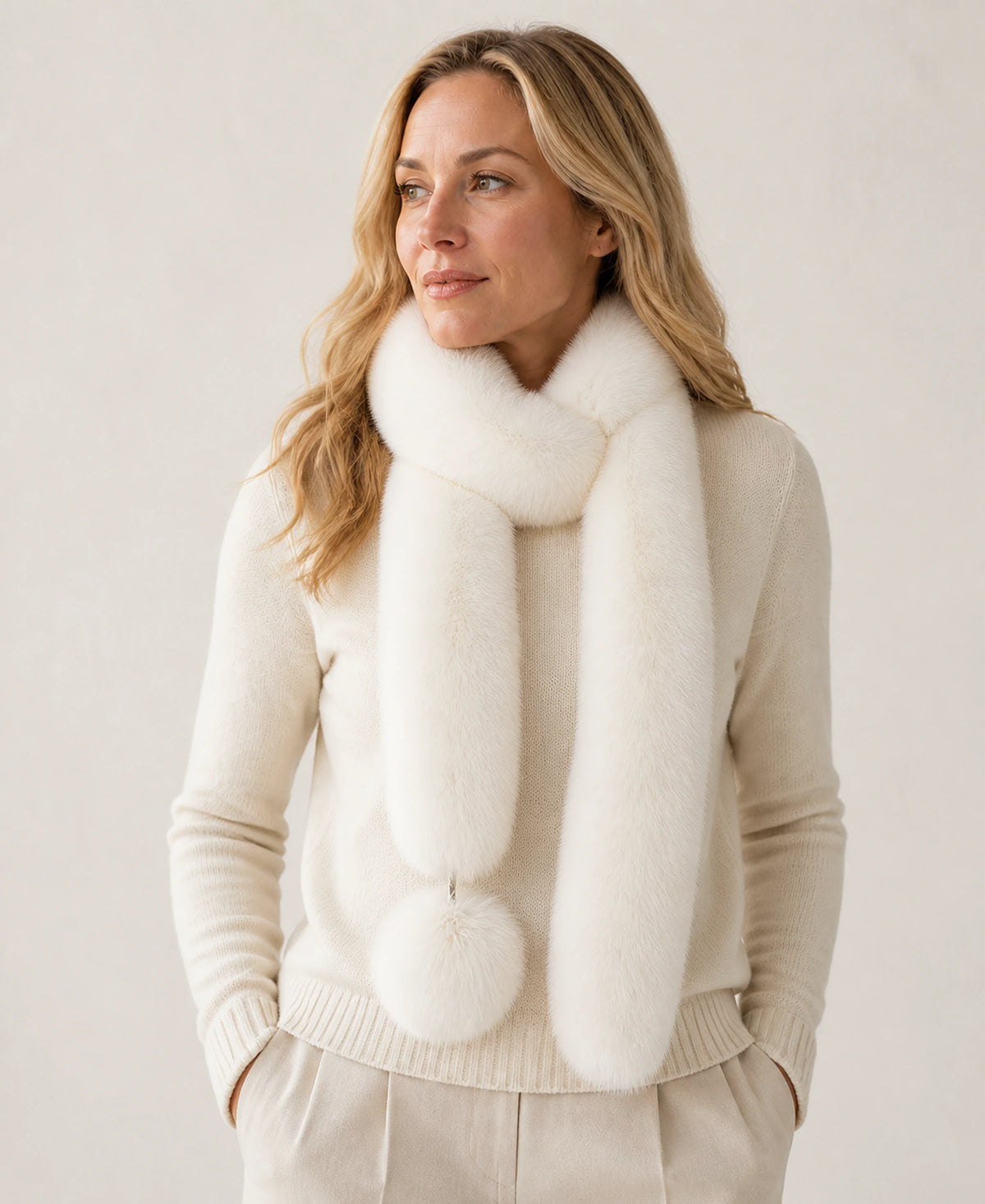Women's Fox Fur Long Scarf with Pom-Pom Detail – Color: Cream Beige on-model lifestyle image
