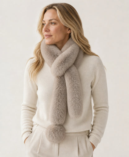 Women's Fox Fur Long Scarf with Pom-Pom Detail – Color: Golden Brown on-model lifestyle image