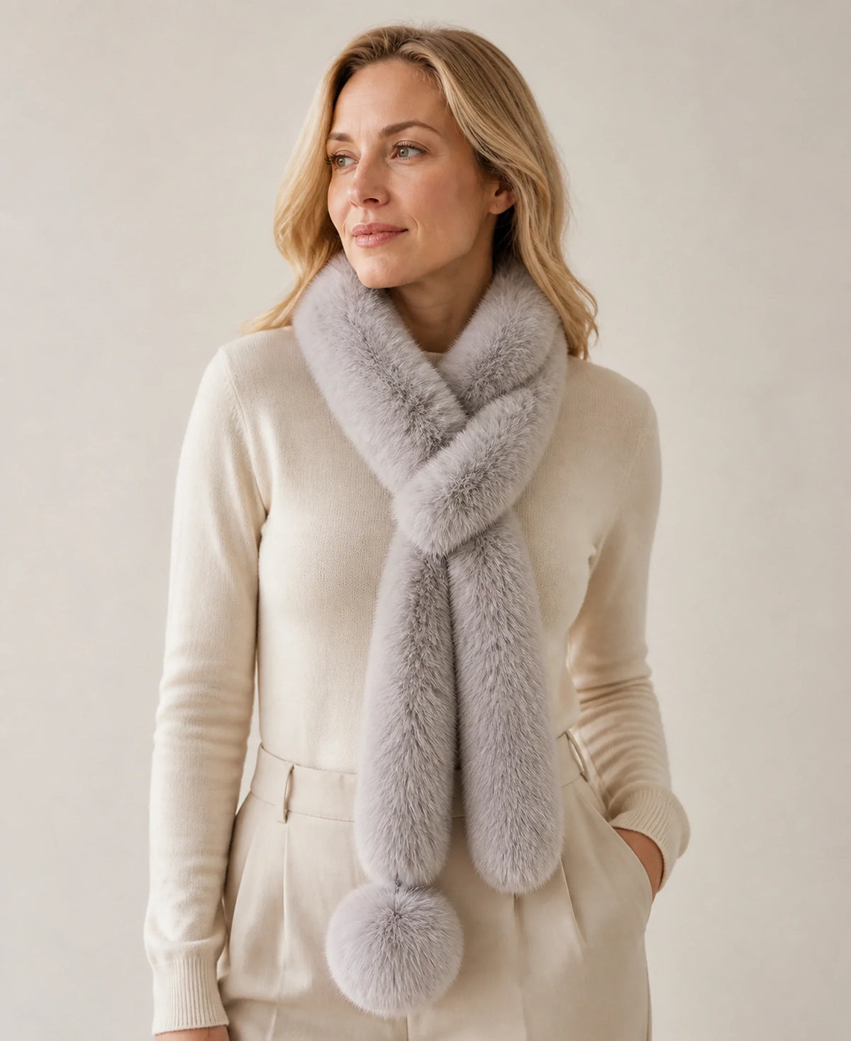 Women's Fox Fur Long Scarf with Pom-Pom Detail – Color: Taupe Gray on-model lifestyle image