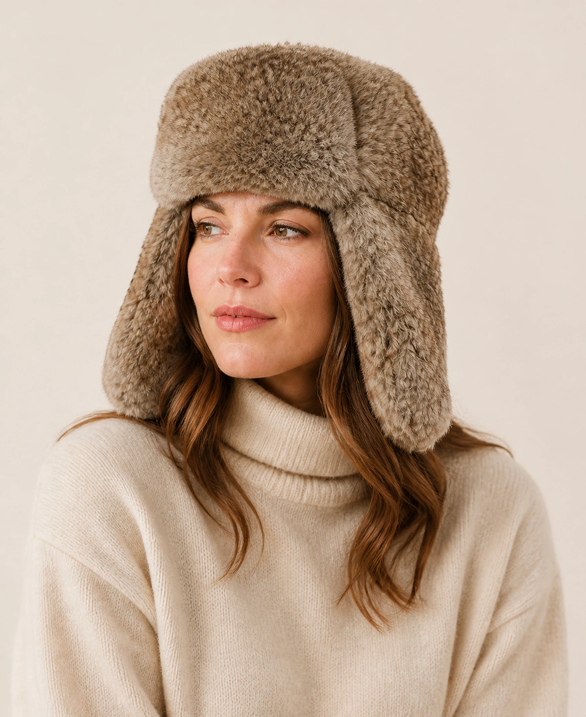 Women's Rabbit Fur Trapper Hat with Ear Flaps – Color: Natural Taupe on-model lifestyle image