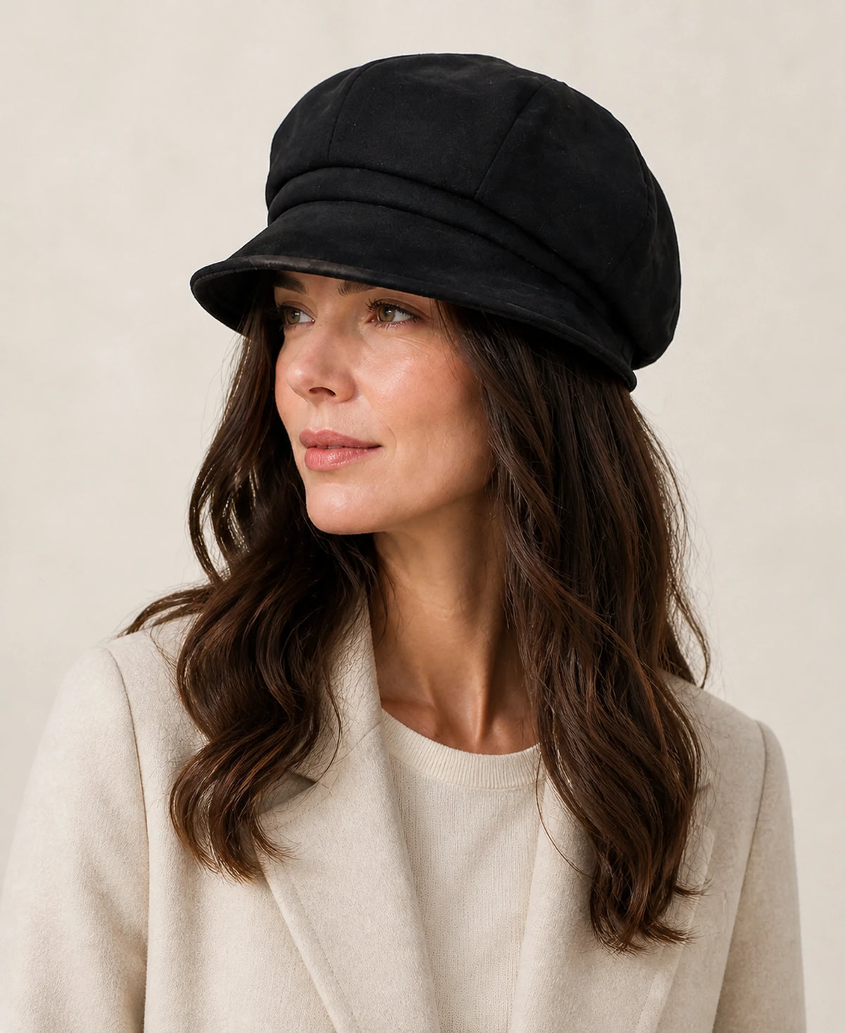 Women's Suede Lambskin Adjustable Paneled Beret Cap – Color: Black on-model lifestyle image