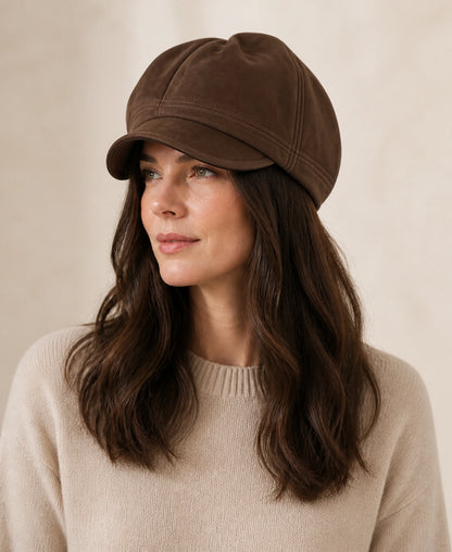 Women's Suede Lambskin Adjustable Paneled Beret Cap – Color: Brown on-model lifestyle image