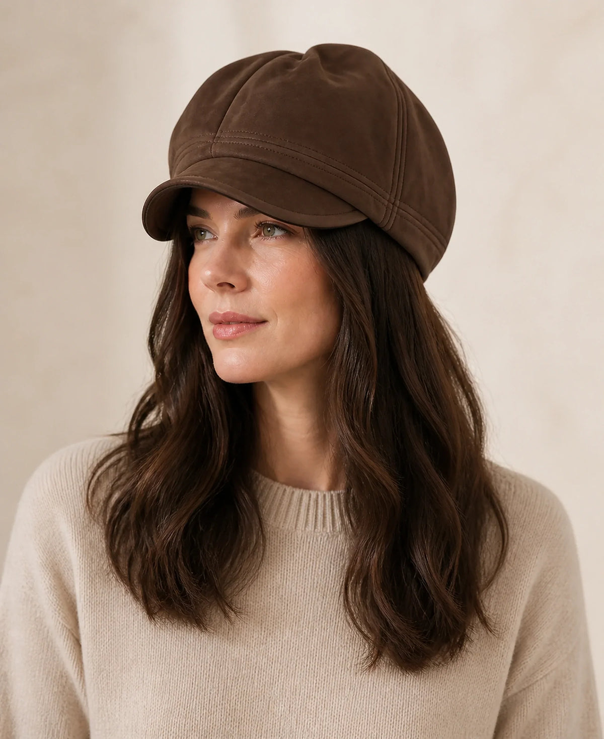 Women's Suede Lambskin Adjustable Paneled Beret Cap – Color: Brown on-model lifestyle image