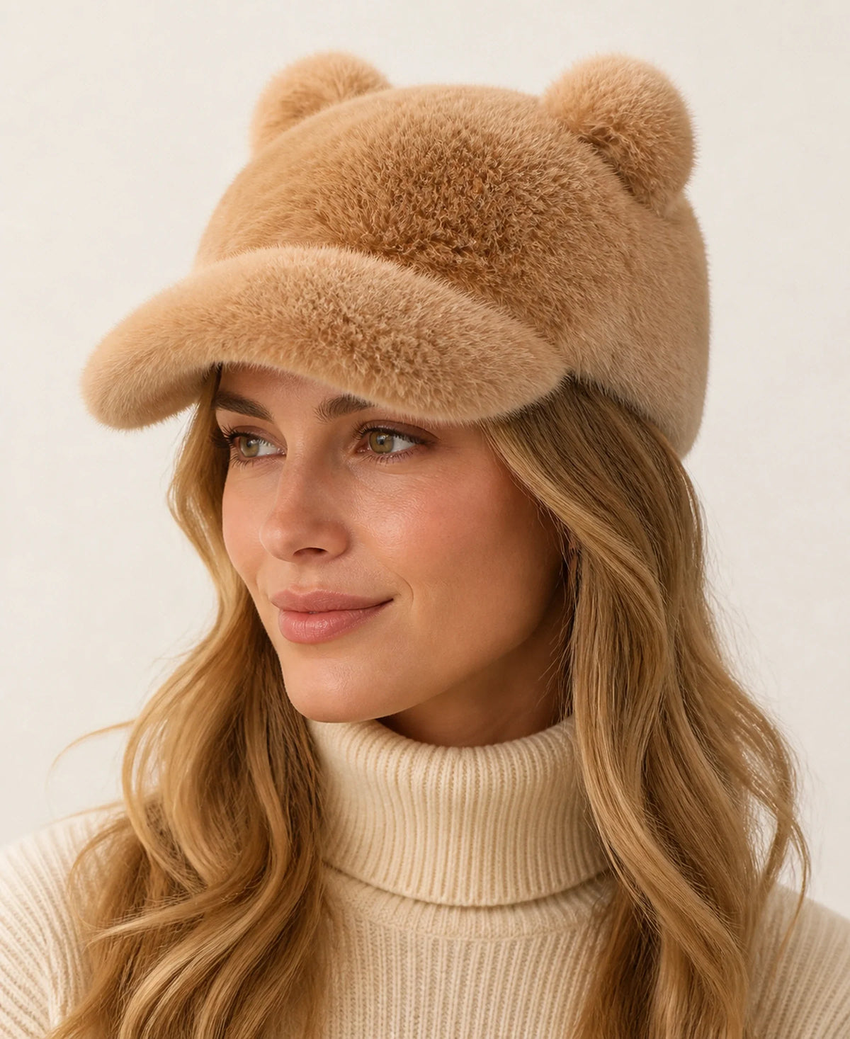 Women's Rabbit Fur Cat-Ear Short-Brim Baseball Cap – Default on-model lifestyle image