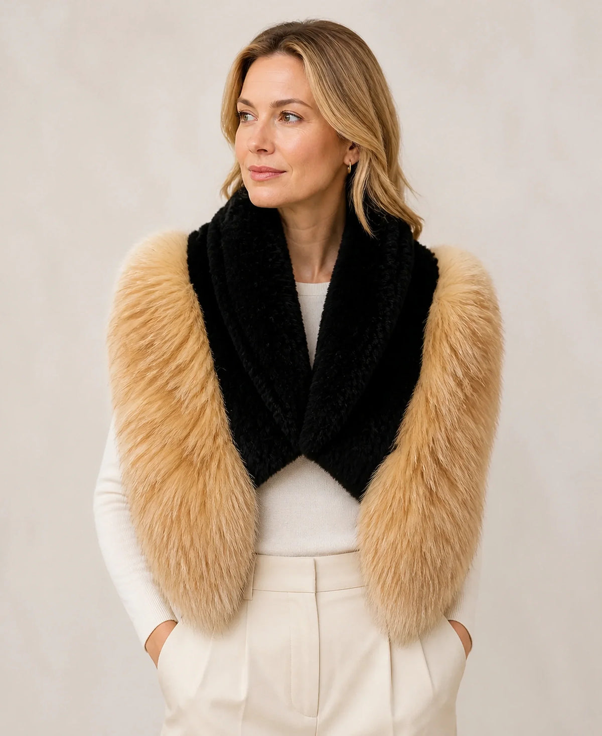 Women's Rex Rabbit Fur & Fox Fur Shawl Collar – Color: Red Fox on-model lifestyle image