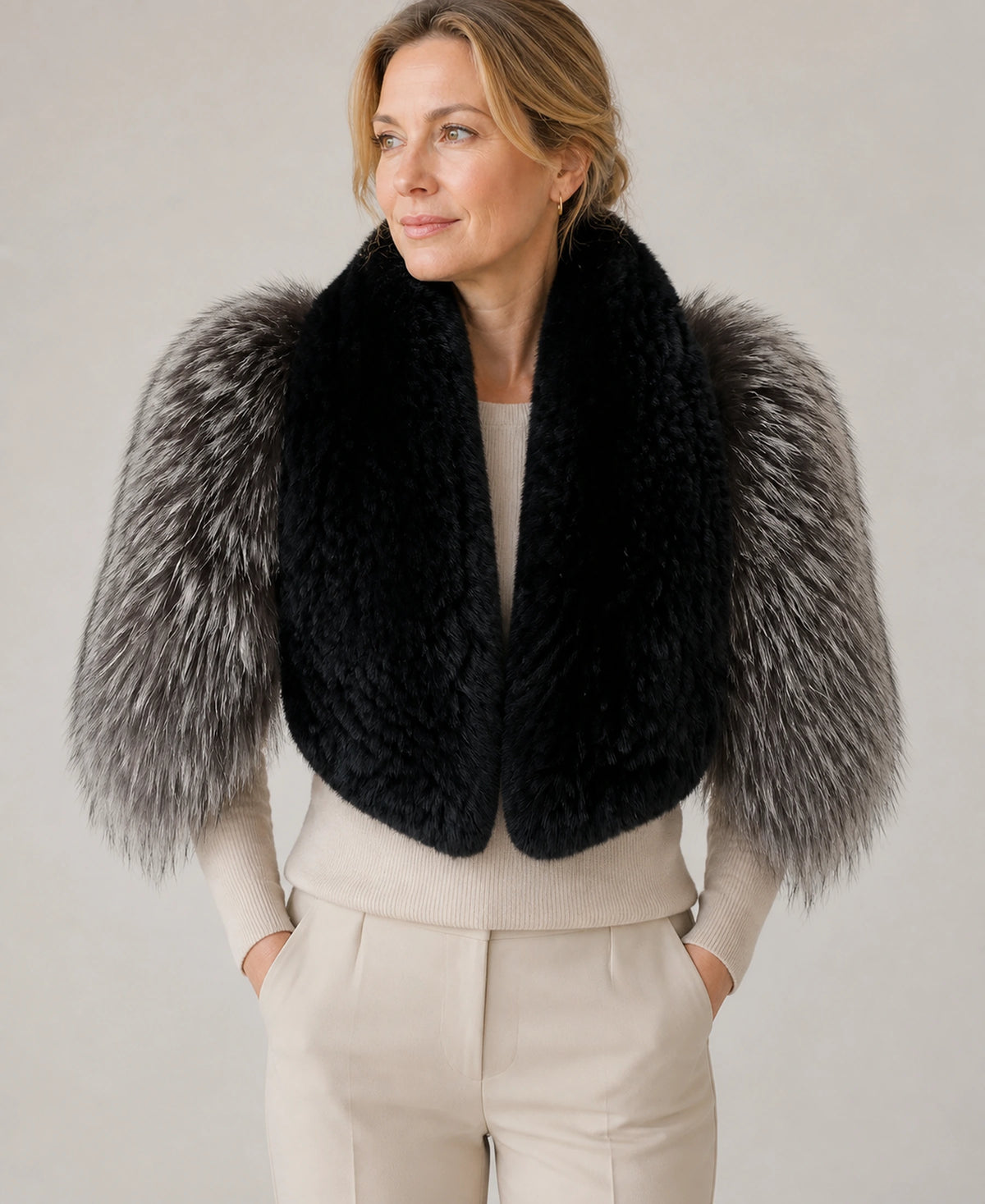 Women's Rex Rabbit Fur & Fox Fur Shawl Collar – Color: Silver Fox on-model lifestyle image