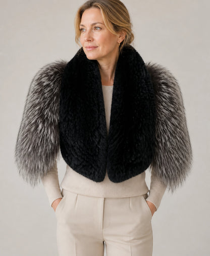 Women's Rex Rabbit Fur & Fox Fur Shawl Collar – Color: Silver Fox on-model lifestyle image