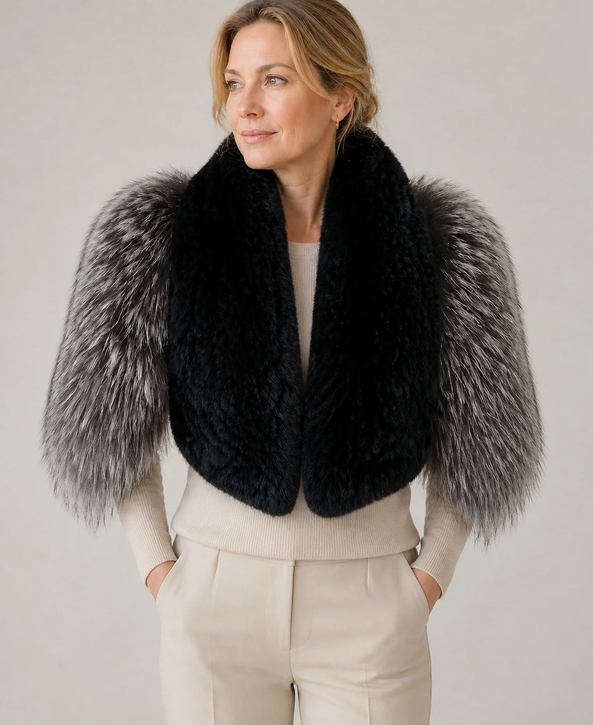 Women's Rex Rabbit Fur & Fox Fur Shawl Collar – Color: Silver Fox on-model lifestyle image